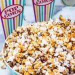 buttery toffee popcorn with chocolate drizzle