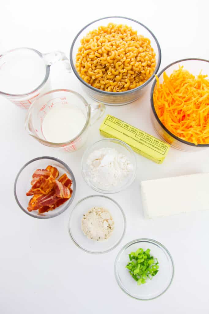 ingredients for crack macaroni and cheese, macaroni noodles,cheese,cream,baconbutter,flour,cream cheese